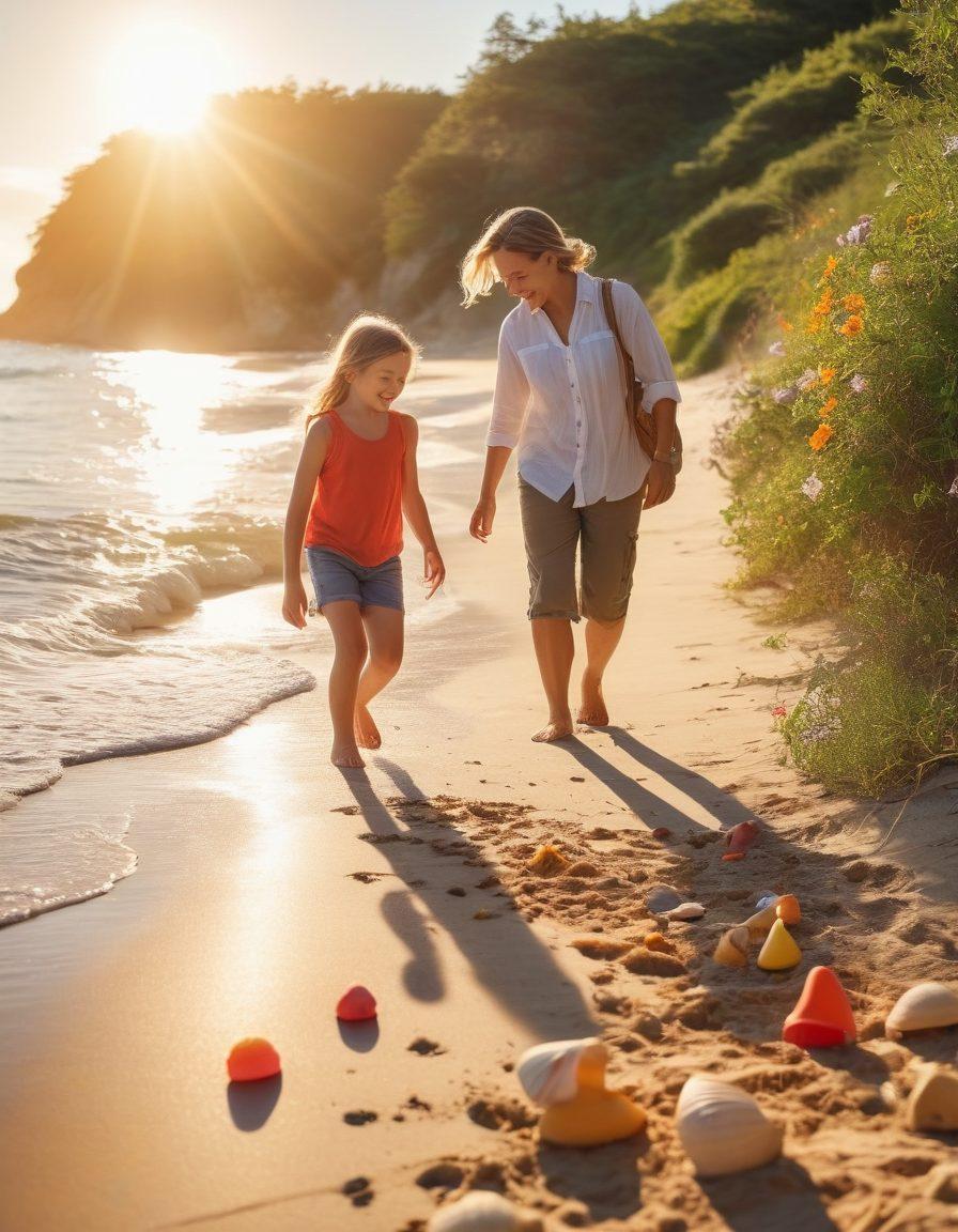 A family laughing and playing on a sun-drenched beach, building sandcastles and collecting seashells, with vibrant beach toys scattered around. In the background, a scenic hiking trail lined with lush greenery and blooming wildflowers, hinting at exploration adventures awaiting. A warm sunset casts a golden glow over the scene, depicting the essence of cherished memories. vibrant colors. super-realistic.