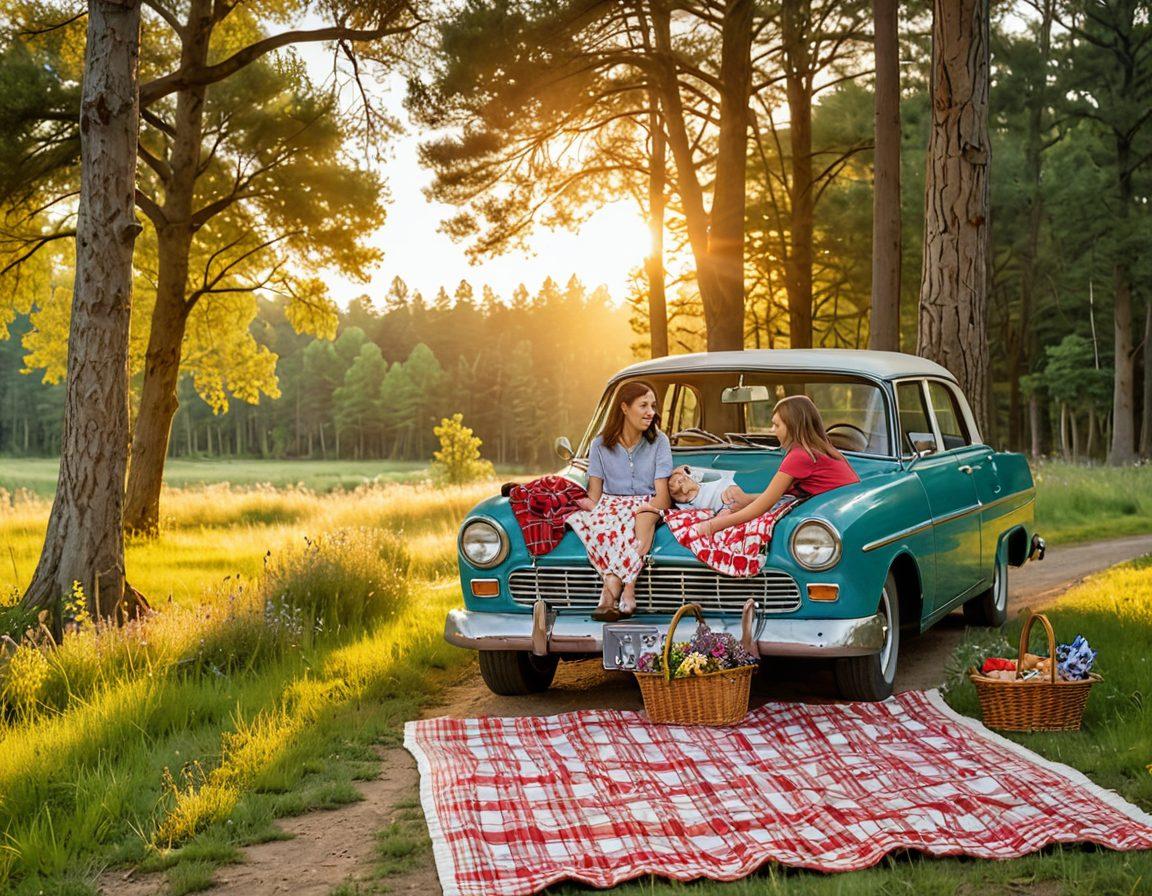 A picturesque family road trip scene showcasing a radiant sunset over a winding road through lush forests, with a joyful family loading a picnic basket into a vibrant car. Include a scenic picnic area with a checkered blanket laid out on soft grass, surrounded by tall trees and colorful wildflowers. Capture the essence of adventure and togetherness in nature. vibrant colors. super-realistic.