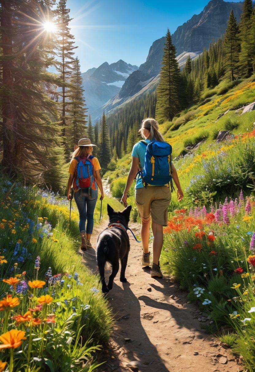 A picturesque family scene in a lush forest, featuring a joyful family hiking together, capturing the essence of adventure and exploration. Include children with backpacks full of snacks, a playful dog running alongside, and vibrant wildflowers blooming around them. In the background, majestic mountains create a breathtaking view, while a serene river reflects the sunlight, enhancing the sense of nature's beauty. Bright, cheerful colors to evoke a sense of fun and excitement. super-realistic. vibrant colors.